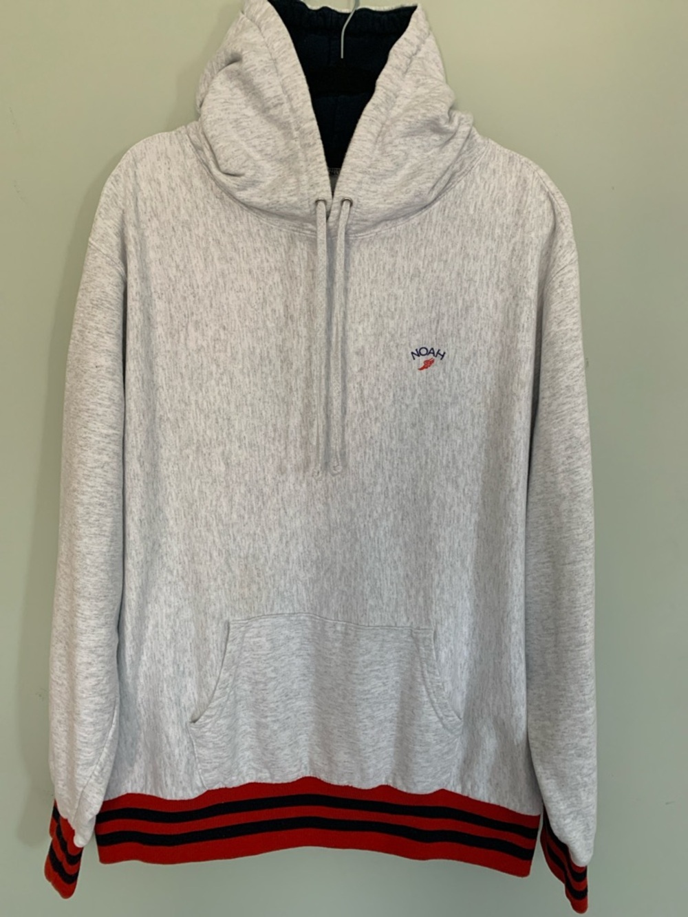 Noah NYC Heather Gray Hoodie with Navy Logo and Red Wing